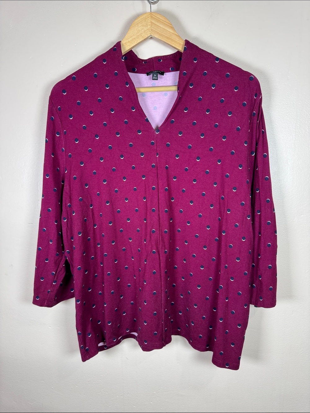 Talbots Womens Plus Size 2X Polka Dot V-Neck 3/4 Sleeve Top Stretch Casual